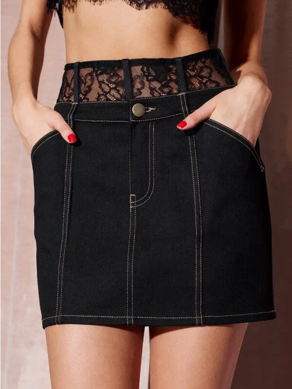 Fleur du Mal Lace Waistband Skirt black denim mini